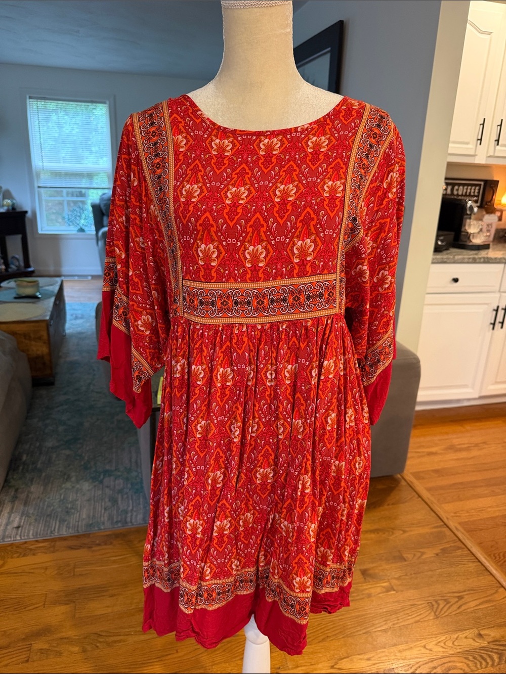 Red Boho Printed Mini Dress with Floral Motif